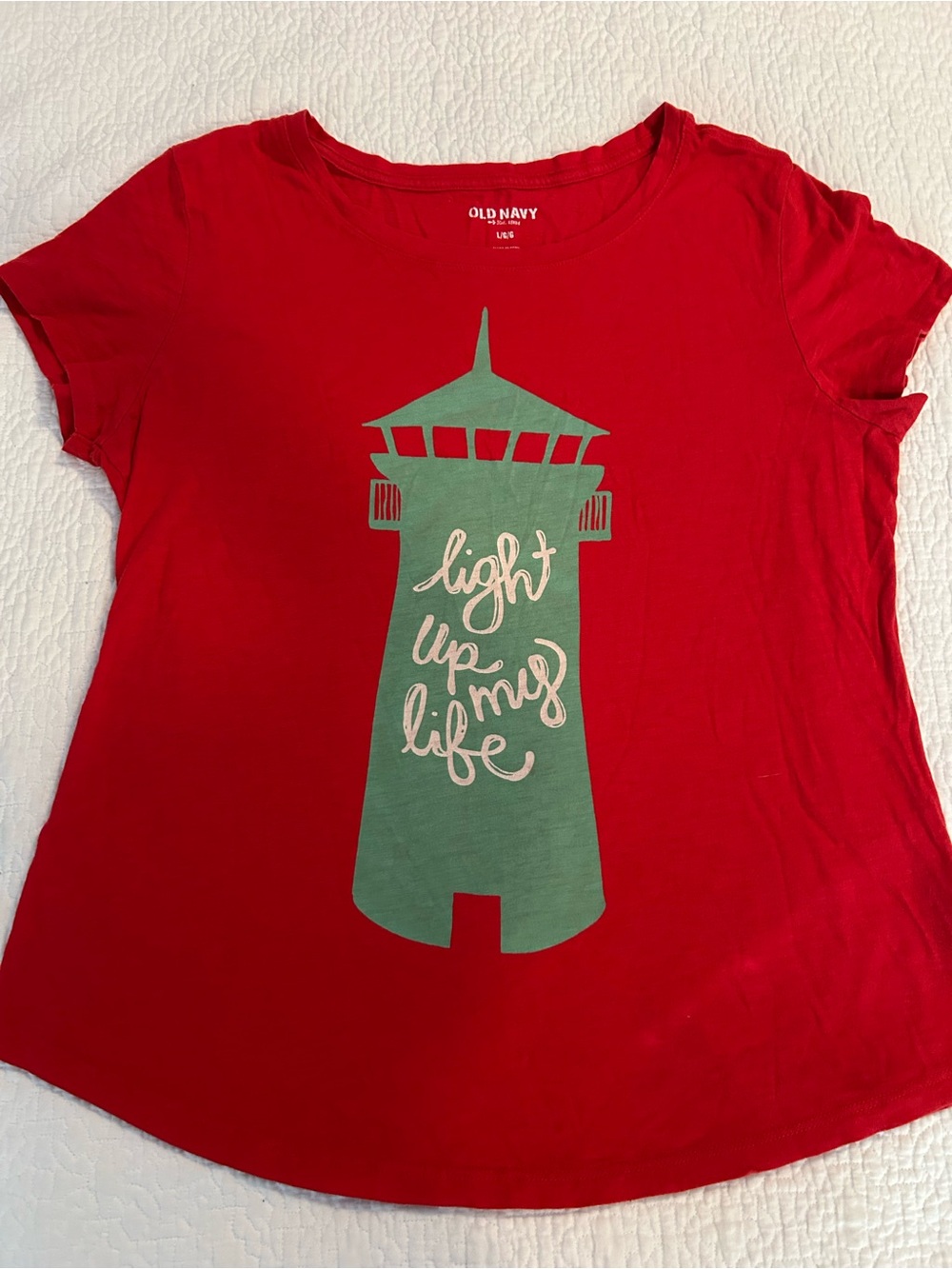Old Navy Red Short-Sleeve Tee w/ Mint Lighthouse Graphic “Light up my life”. Lg